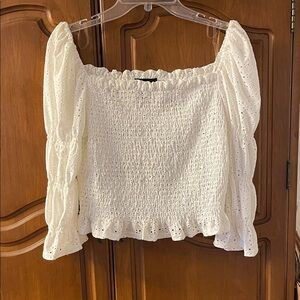 Aqua Cream Smocked Blouse with Eyelet Details
